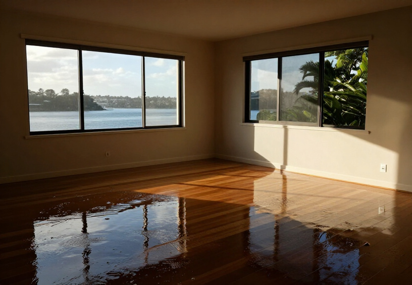 Waterlogged carpet in a Peakhurst living room before drying